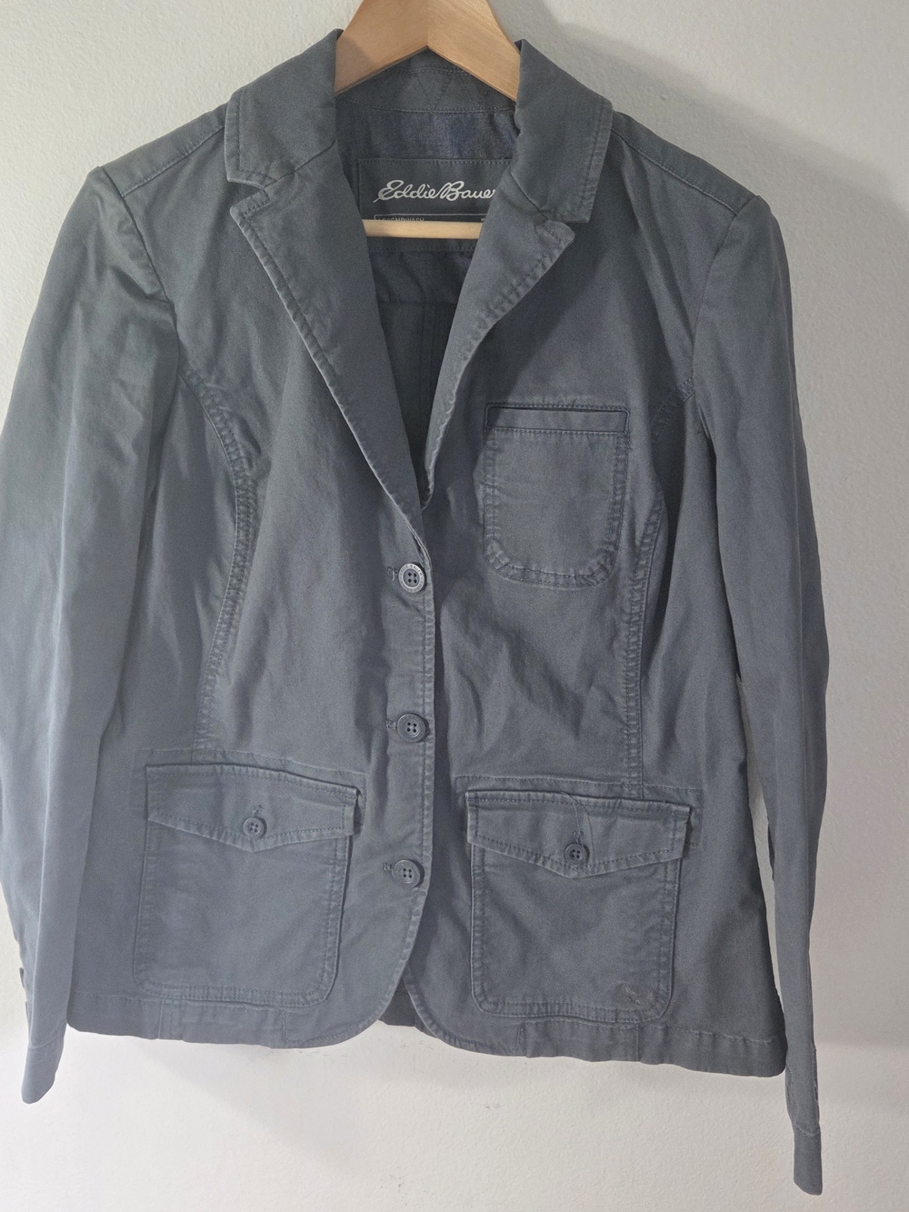 Eddie Bauer Legend Wash Blazer Jacket Womens 10 Gray Stretch Cotton Utility